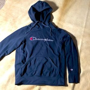 Mens Vintage CHAMPION Navy APPLIQUE Hoodie Sweatshirt